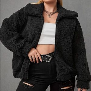 Cozy plus size black zip up teddy jacket